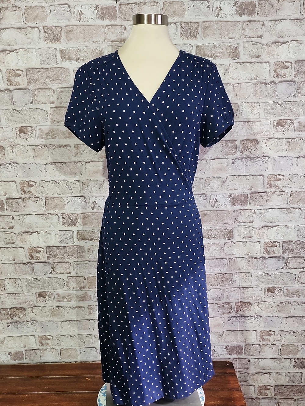 Lands' End Navy & White Polka Dot Midi Wrap Dress